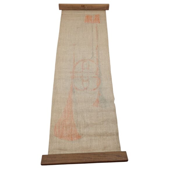 Mid Century Modern Silkscreen Scroll Tapestry Instrument On Linen MCM Horn *READ - Picture 7 of 15